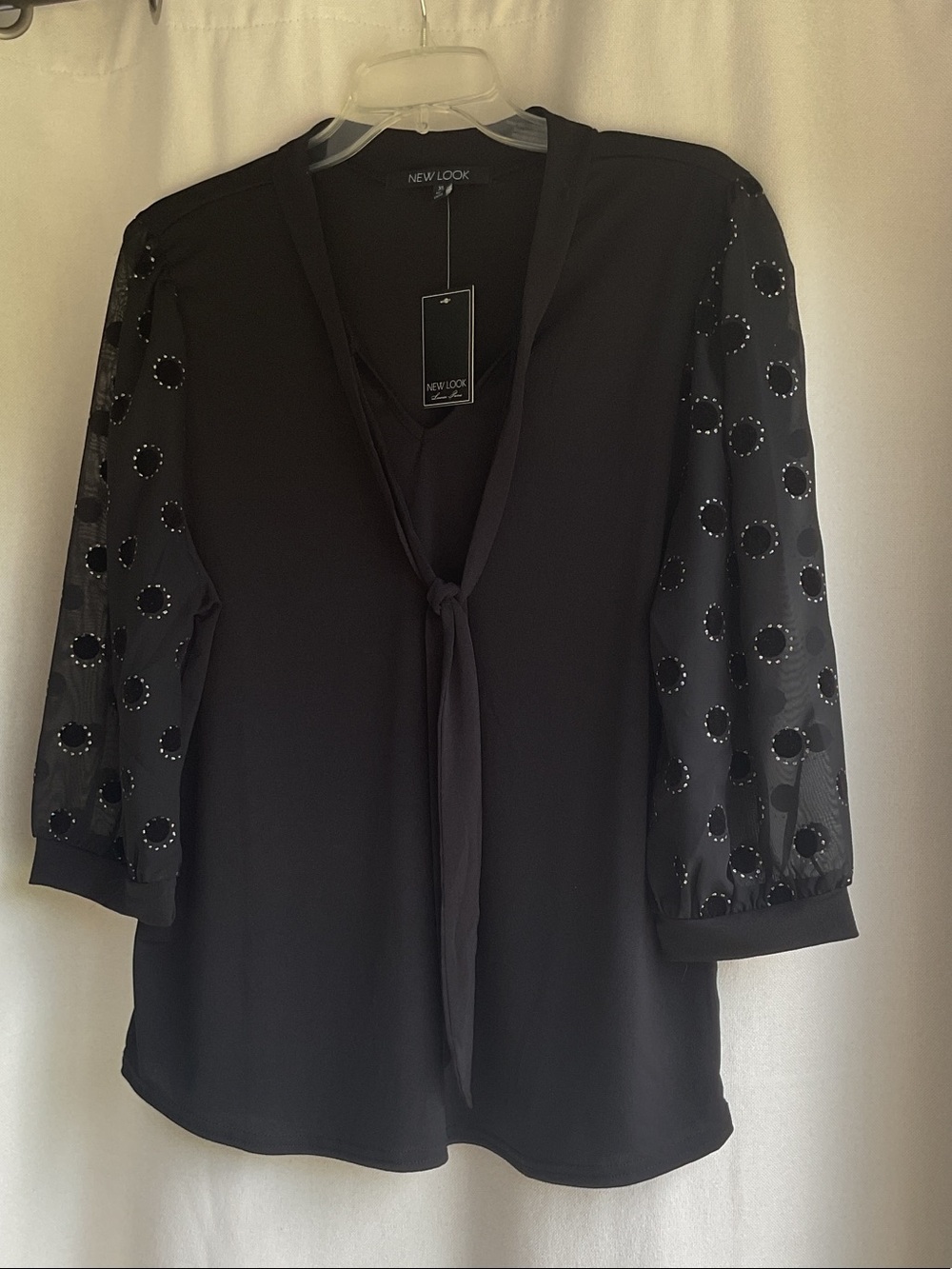 New Look Black V-Neck Tie Blouse with Sheer Polka Dot Glitter Sleeves NWT